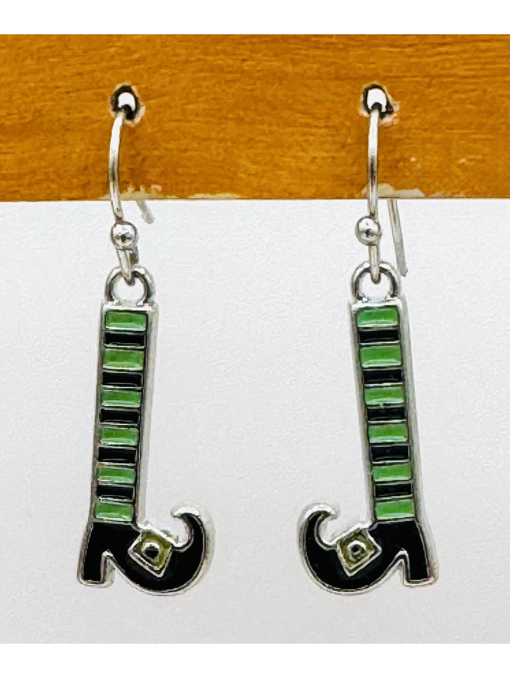 Green and black enameled Halloween witches stocking pierced hook earrings